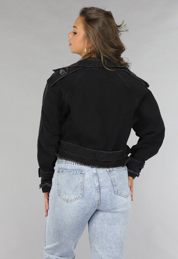 Cropped Zwarte Denim Jas met Gespdetails