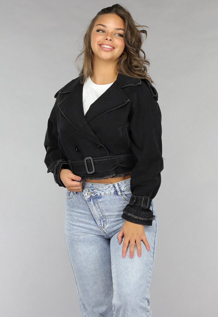 Cropped Zwarte Denim Jas met Gespdetails