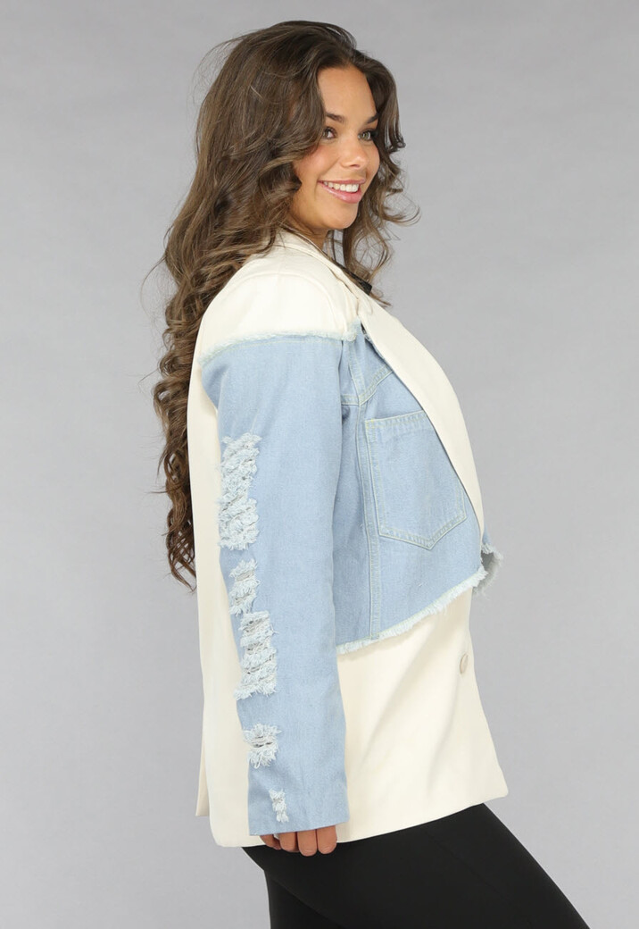 Beige Blazer met Denim Details