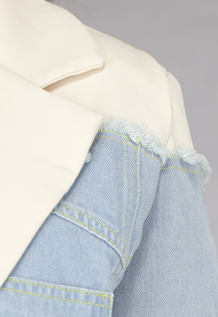 Beige Blazer met Denim Details