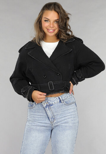 Cropped Zwarte Denim Jas met Gespdetails