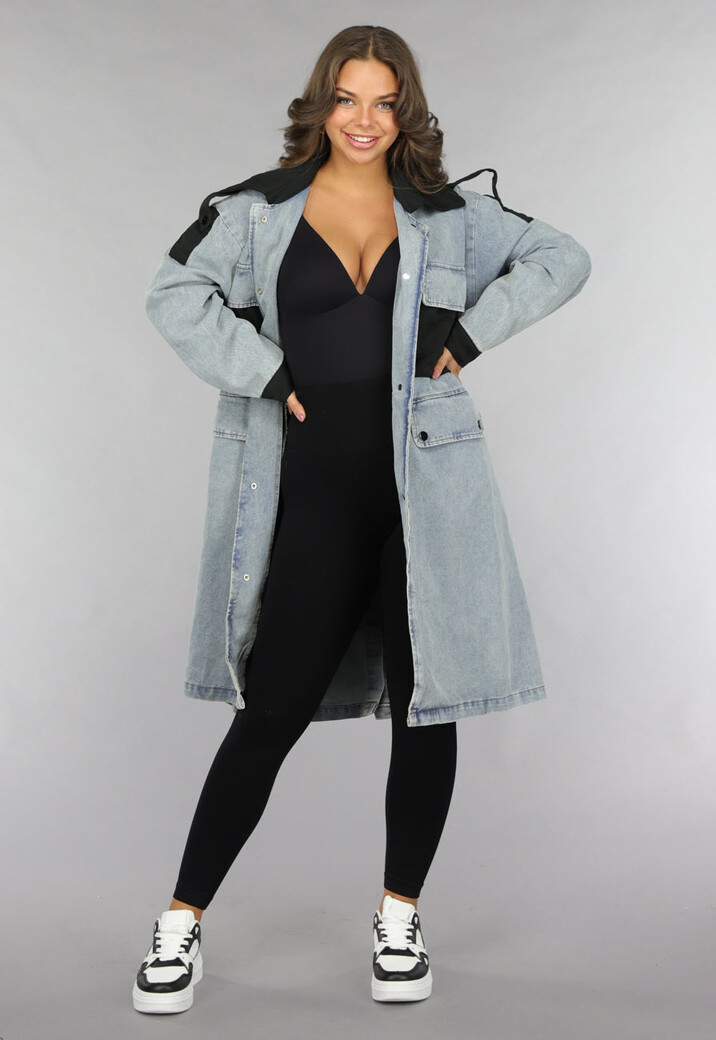 Denim Mantel Jas met Zwarte Details