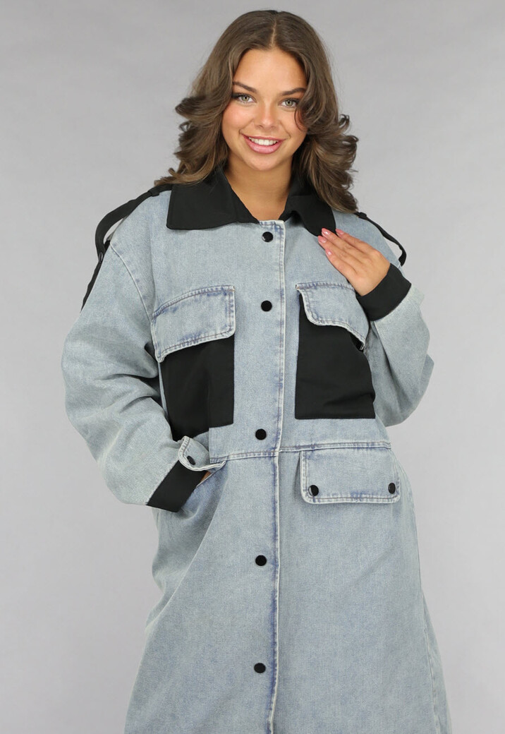 Denim Mantel Jas met Zwarte Details