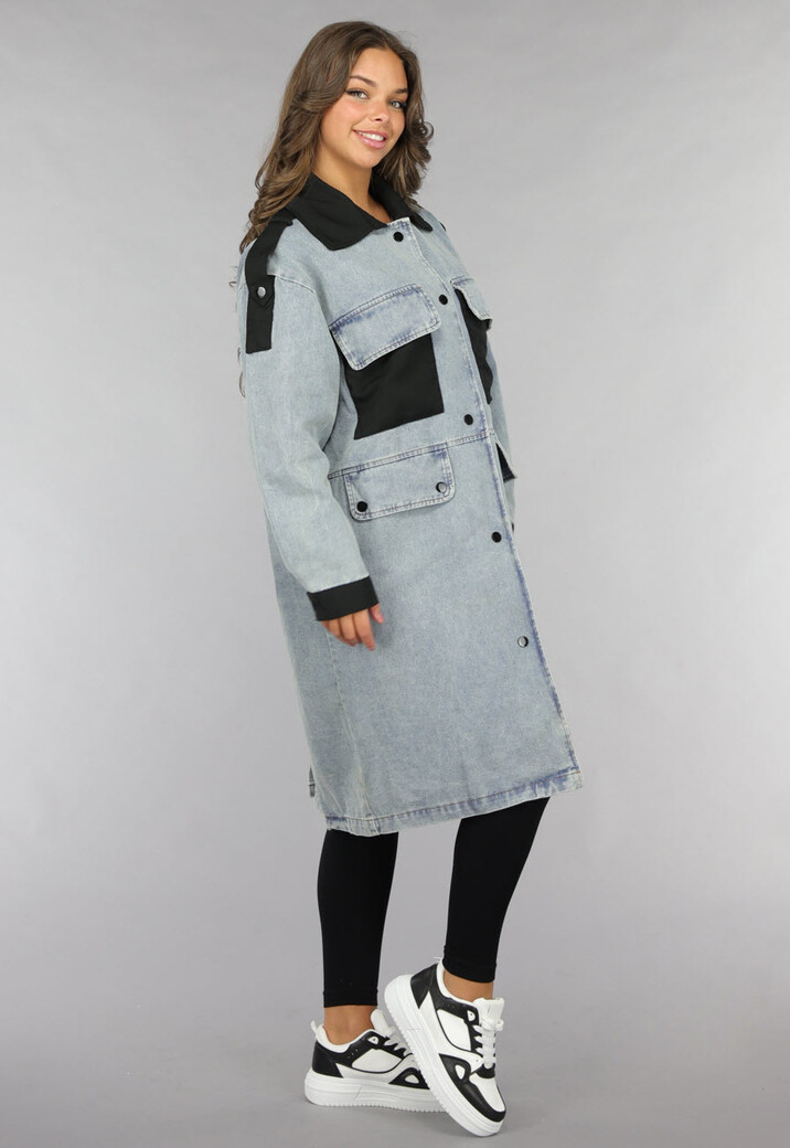 Denim Mantel Jas met Zwarte Details