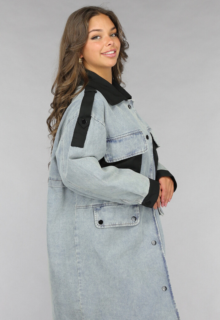 Denim Mantel Jas met Zwarte Details