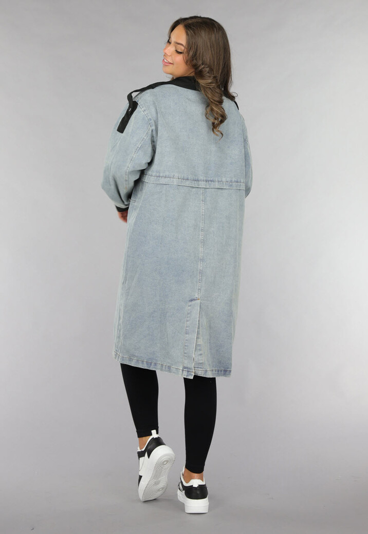 Denim Mantel Jas met Zwarte Details