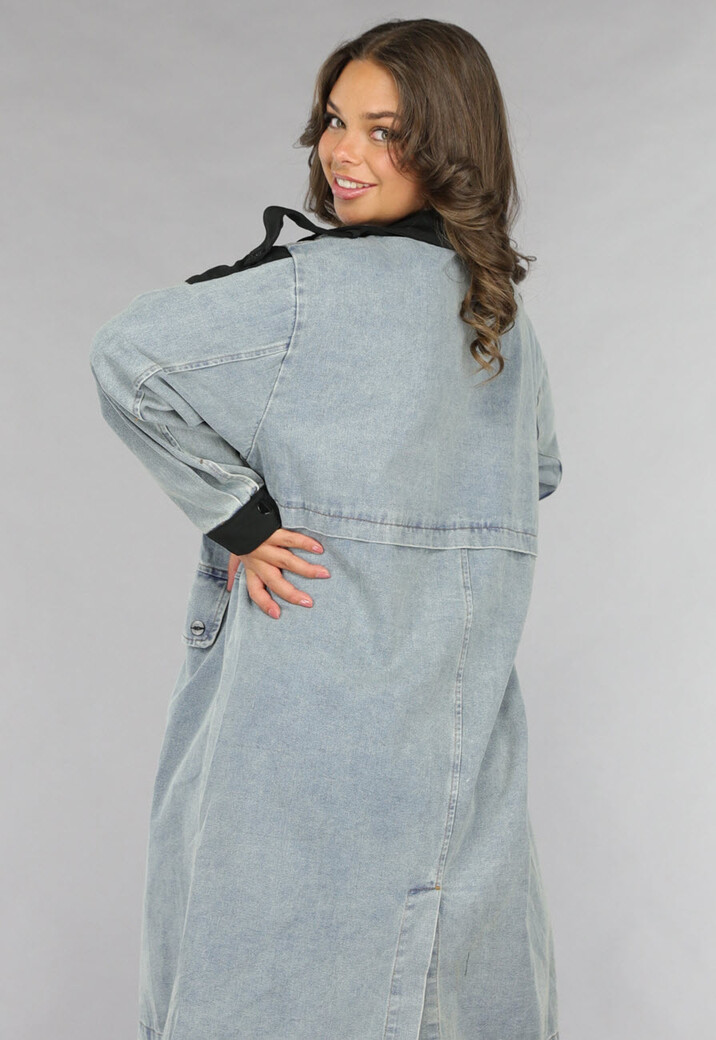 Denim Mantel Jas met Zwarte Details