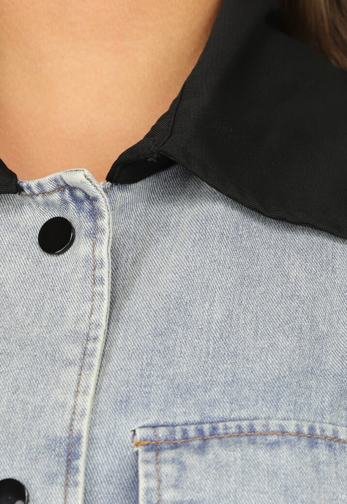 Denim Mantel Jas met Zwarte Details