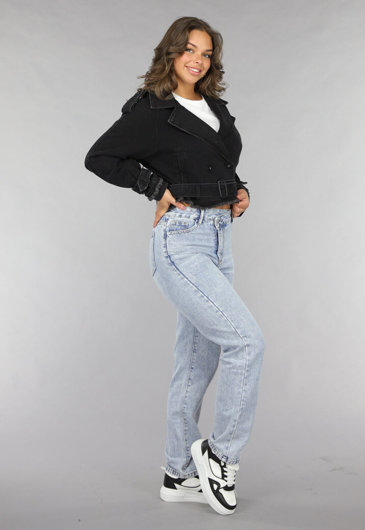 Cropped Zwarte Denim Jas met Gespdetails