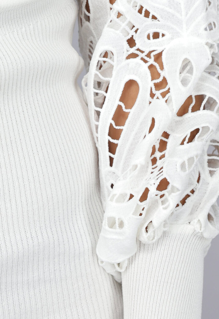 Witte Rib overslag Jurk met Gehaakte Mouwen en Stretch