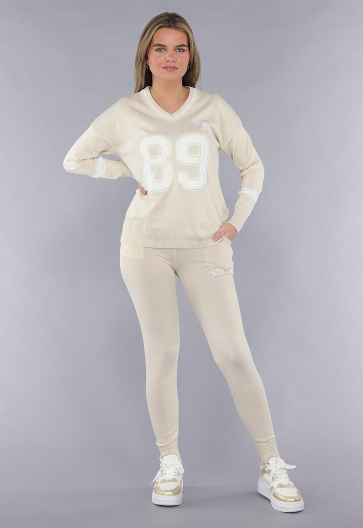 Beige Zachte Matching Stretch Set met Teddy Borduursel