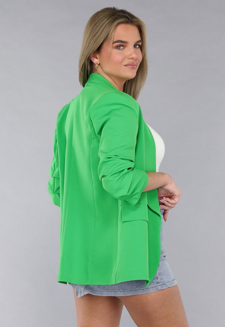 Geplooide Felgroene Getailleerde Blazer met Driekwart Mouwen