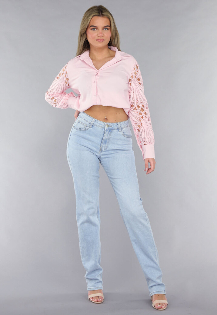 Lichtroze Blouse met Gehaakte Pauwveer Patroon Mouwen