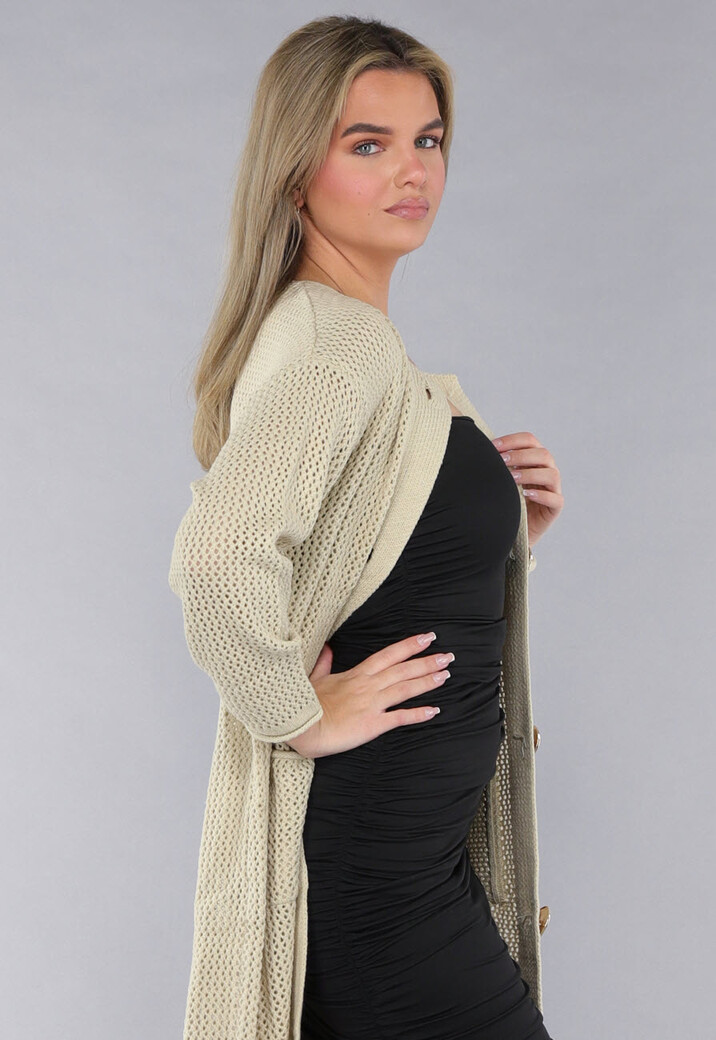 Lange Oversized Beige Cardigan met Gouden Knopen