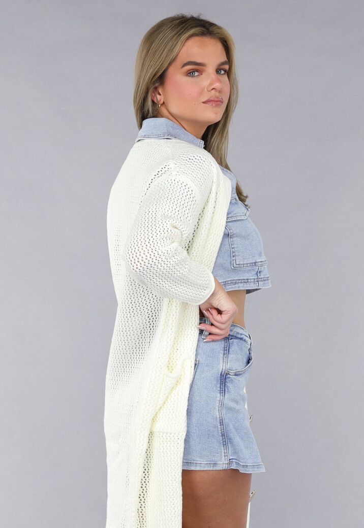 Lang Ecru Oversized Vest met Gebreide Look