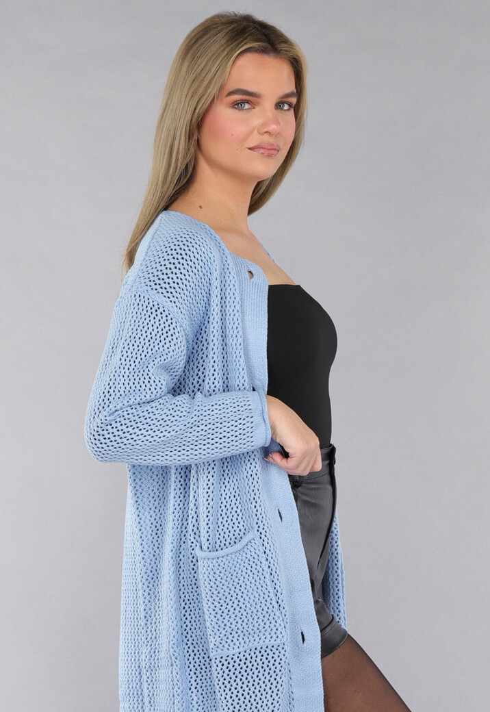 Blauw Oversized Gebreid Vest met Gouden Knopen