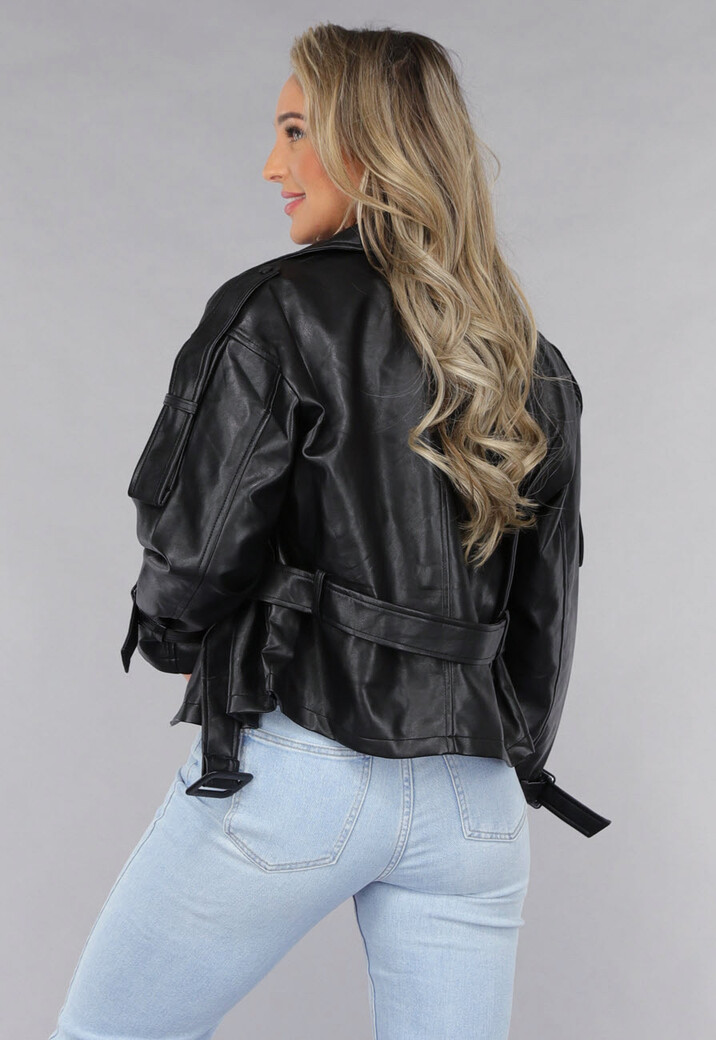 Zwart Biker Jack met Riem Details