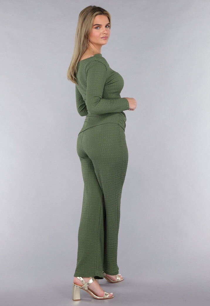 Khaki Twin Set in Gesmokte Stof