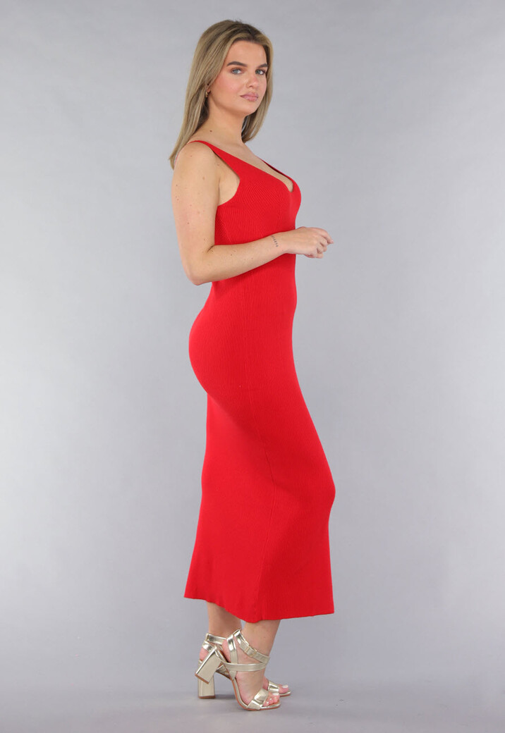 Rode Rib Gebreide Jurk met V Hals
