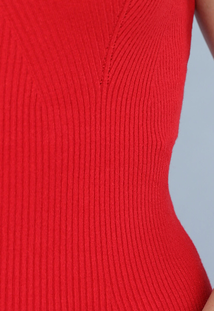 Rode Rib Gebreide Jurk met V Hals