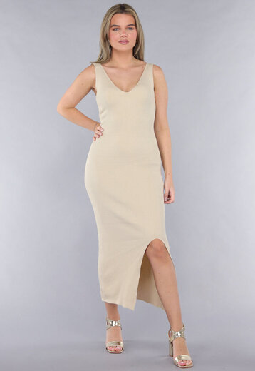 Beige Rib V Hals Jurk met Split