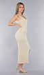 Beige Rib V Hals Jurk met Split