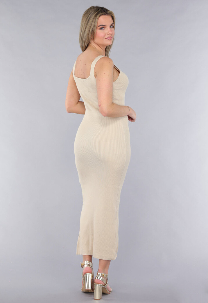 Beige Rib V Hals Jurk met Split