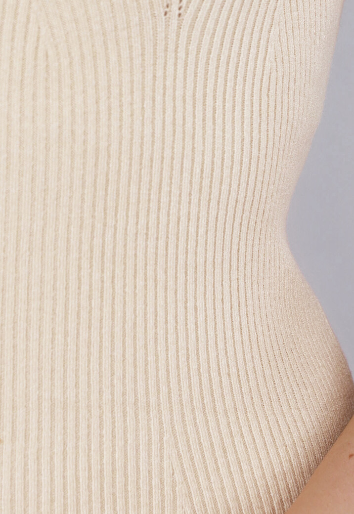 Beige Rib V Hals Jurk met Split