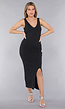 Zwarte Ribstof Stretch V Hals Midi Jurk