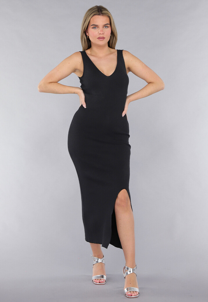 Zwarte Ribstof Stretch V Hals Midi Jurk