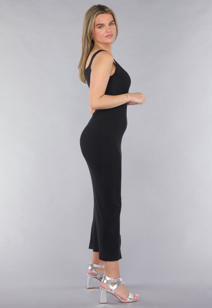 Zwarte Ribstof Stretch V Hals Midi Jurk