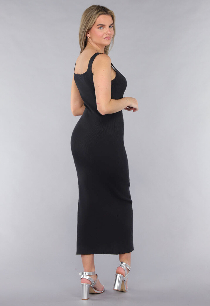 Zwarte Ribstof Stretch V Hals Midi Jurk