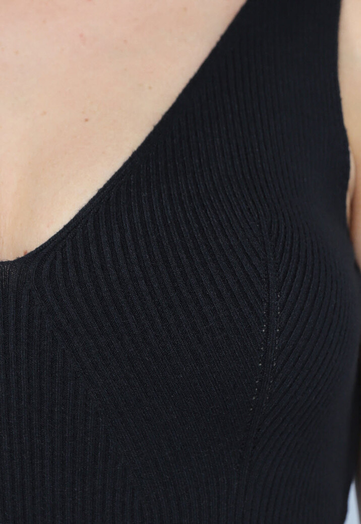 Zwarte Ribstof Stretch V Hals Midi Jurk