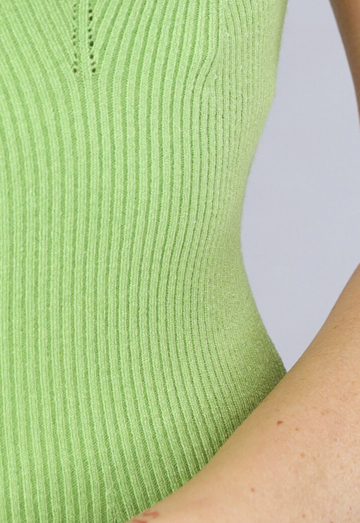 Ribstof Groene Jurk met Brede Schouderbandjes en V Hals