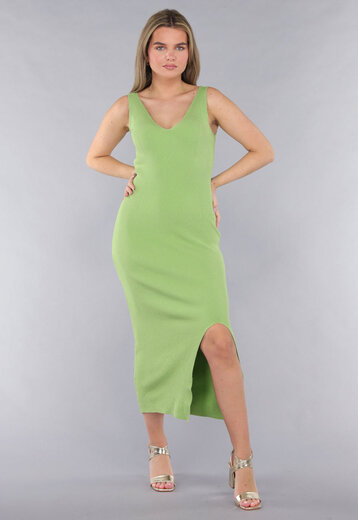 Ribstof Groene Jurk met Brede Schouderbandjes en V Hals