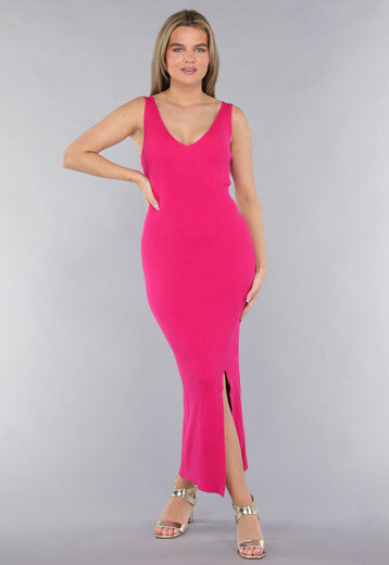 Fuchsia Jurk in Midi Model met Split en V Hals
