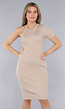 Beige Ribstof Jurk met Enkele Mouw