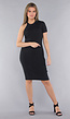 Zwarte Ribstof Stretch Jurk met Één Mouw