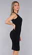Zwarte Ribstof Stretch Jurk met Één Mouw
