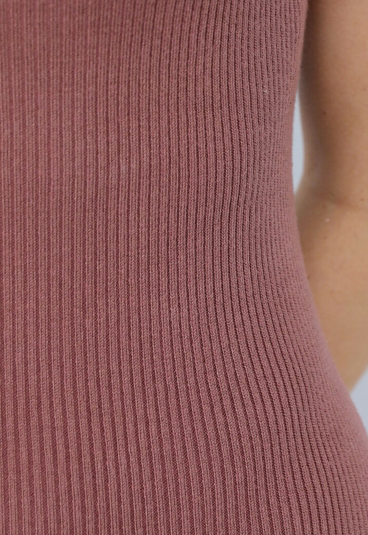 Ribstof Jurk met Enkele Mouw in Oudroze