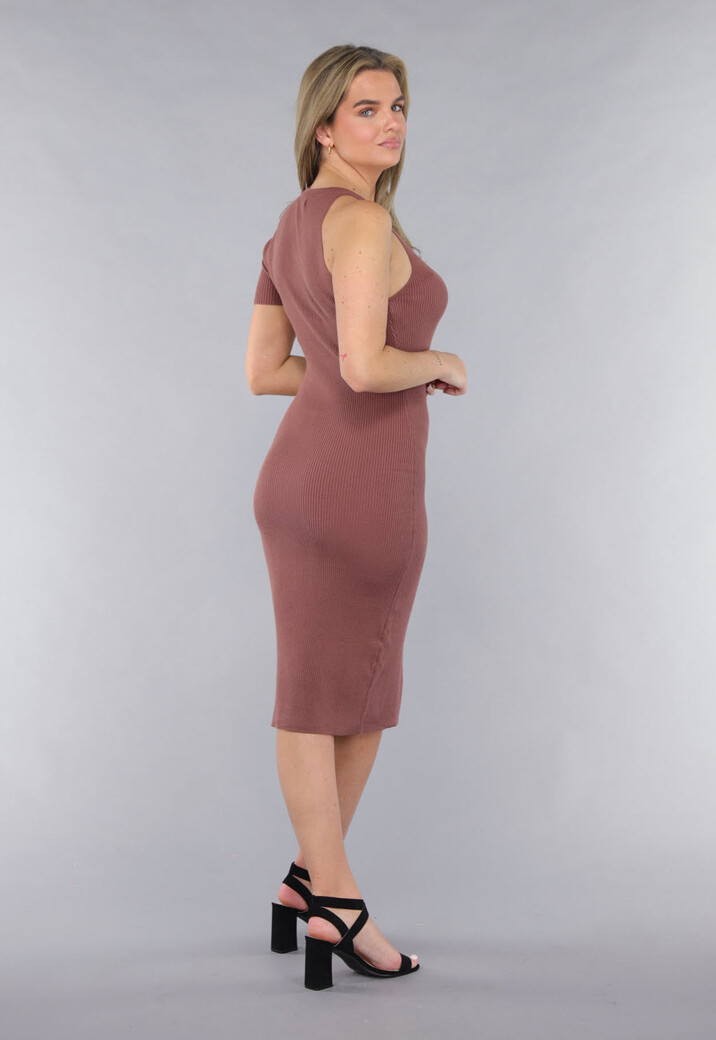 Ribstof Jurk met Enkele Mouw in Oudroze