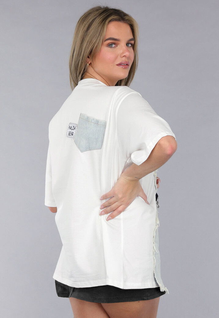 Wit Oversized T Shirt met Denim Detail en Zilveren Ketting