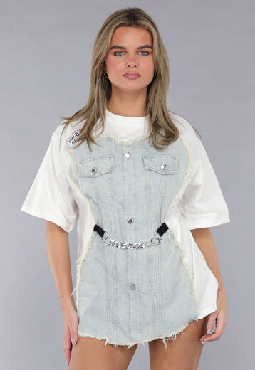 Wit Oversized T Shirt met Denim Detail en Zilveren Ketting