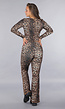 Donkere Leopard Print Stretch Set met Lange Mouwen