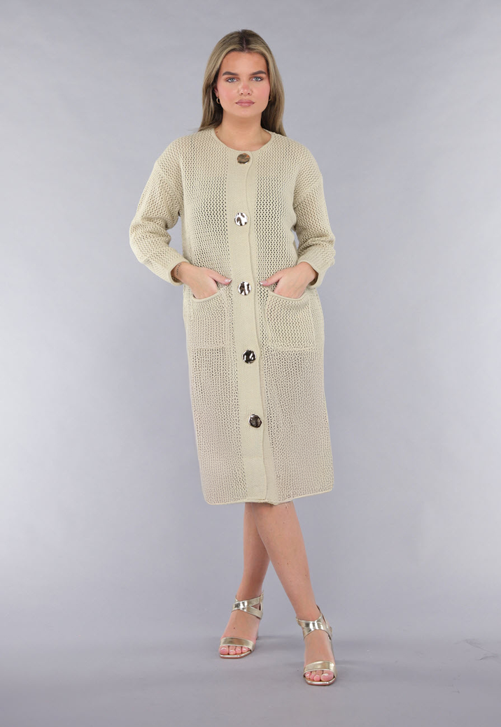 Lange Oversized Beige Cardigan met Gouden Knopen