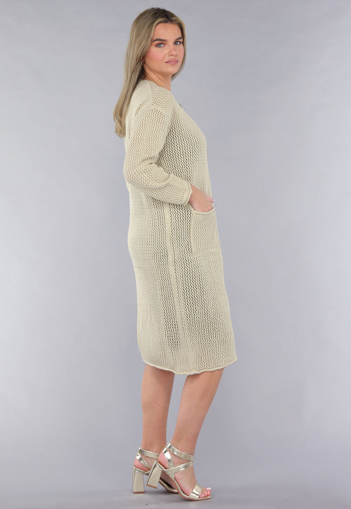 Lange Oversized Beige Cardigan met Gouden Knopen
