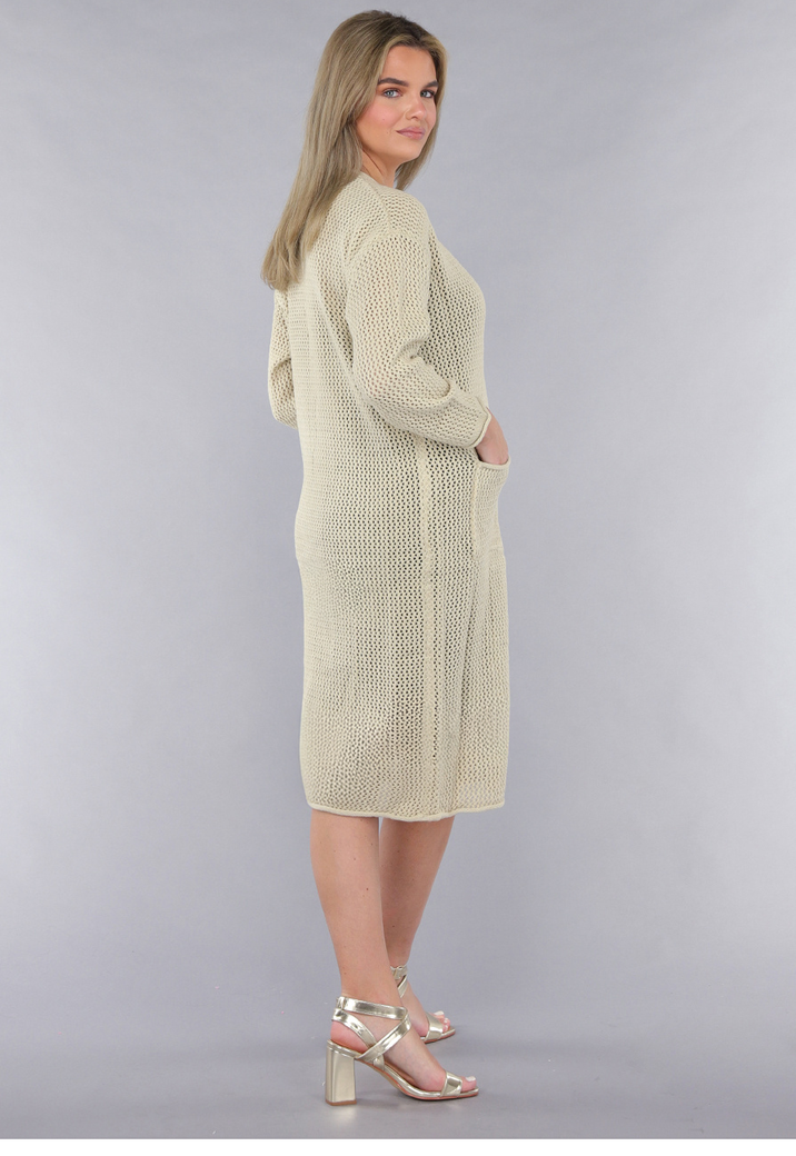 Lange Oversized Beige Cardigan met Gouden Knopen