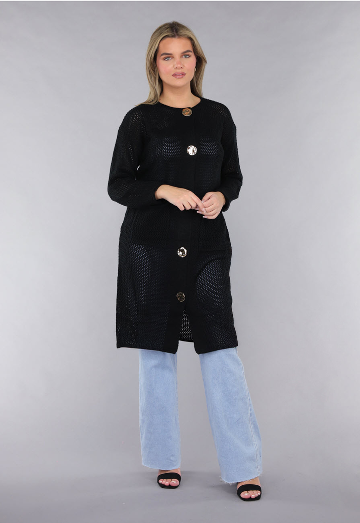 Zwart Oversized Gebreid Vest met Grote Knopen