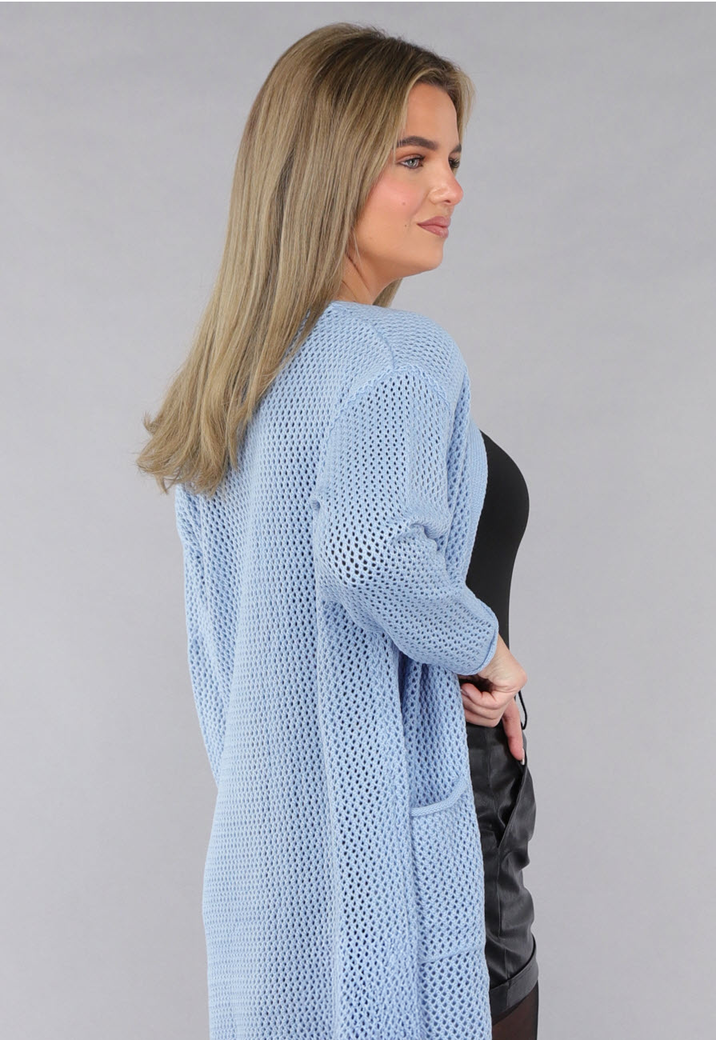 Blauw Oversized Gebreid Vest met Gouden Knopen