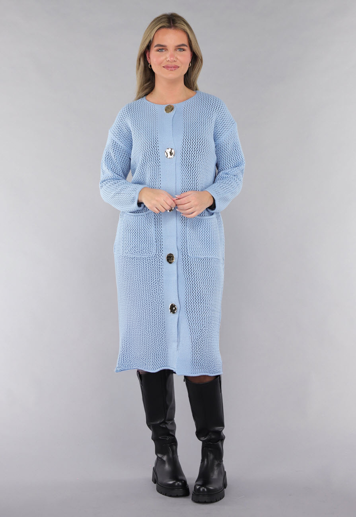 Blauw Oversized Gebreid Vest met Gouden Knopen